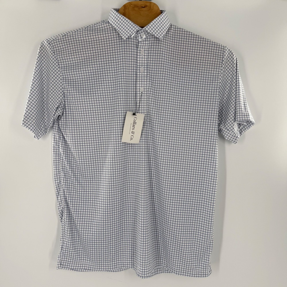 Collars & Co Mens Dress Collar Polo Shirt XL White Navy Blue Windowpane Check